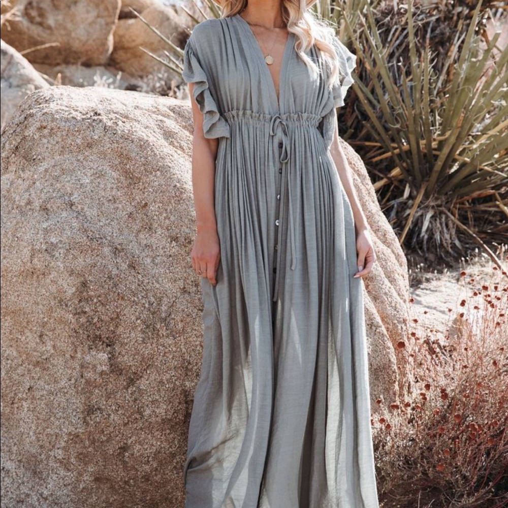 VICI anika pocketed button down ruffle maxi dress
